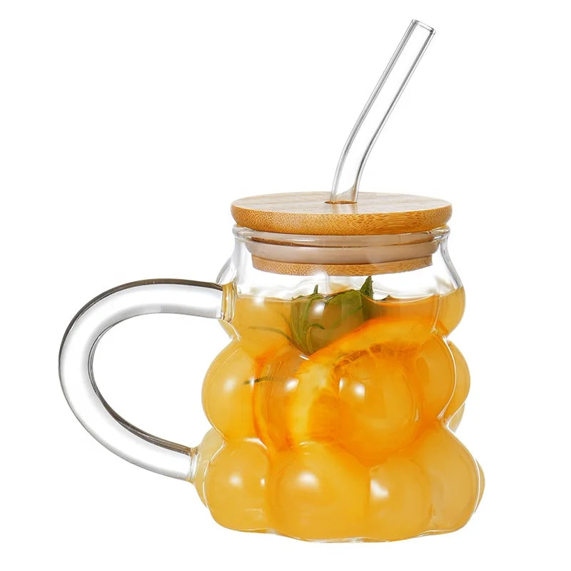 3 Tasse à café en borosilicate avec couvercle en bambou et paille, personnalisable