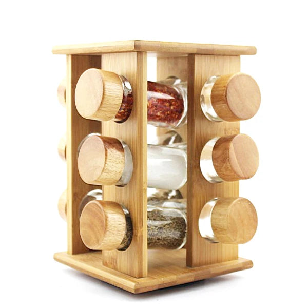 Étagère à épices carrée rotative en bambou Kitchen Affections avec 12 ou 16 pots pour comptoir