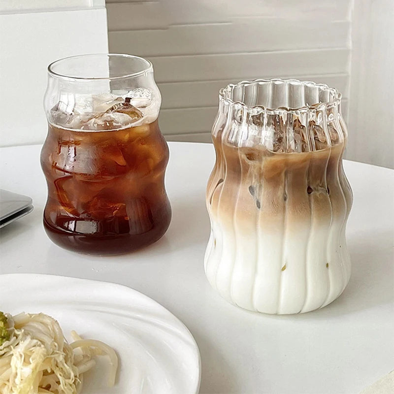 3 Tasse en Verre Ondulée de 500 ml avec Couvercle et Paille en Bambou