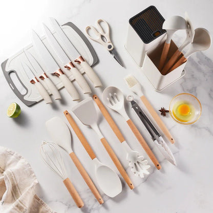 Ensemble d'Ustensiles de Cuisine en Silicone avec Manche en Bois-18 piece