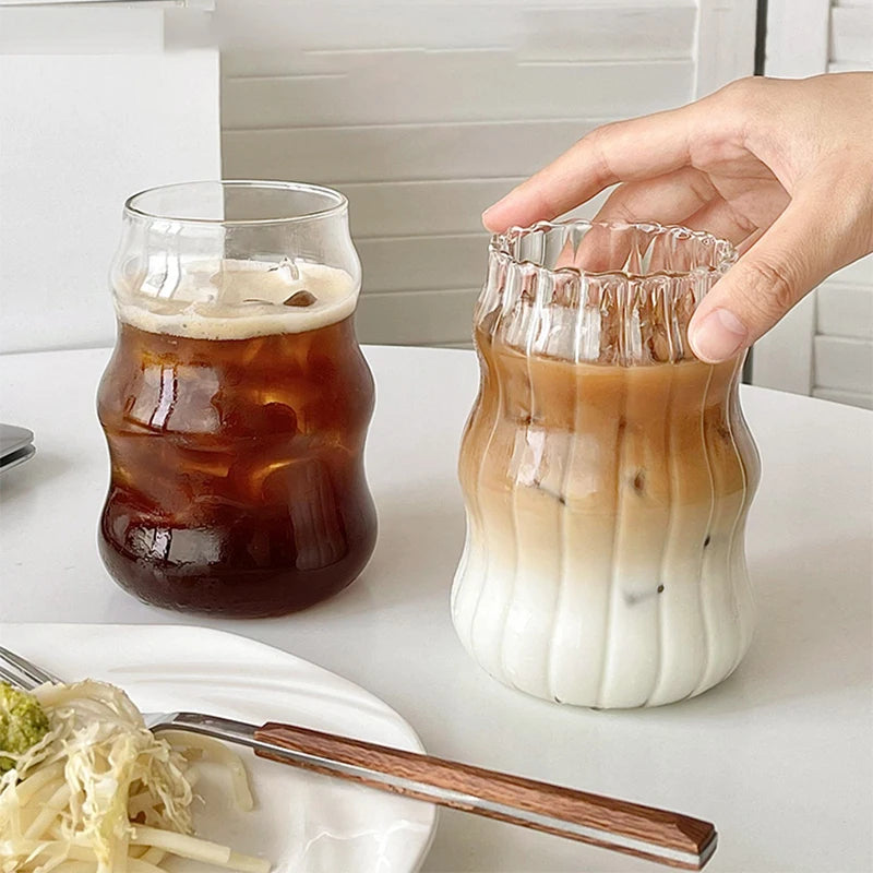 3 Tasse en Verre Ondulée de 500 ml avec Couvercle et Paille en Bambou