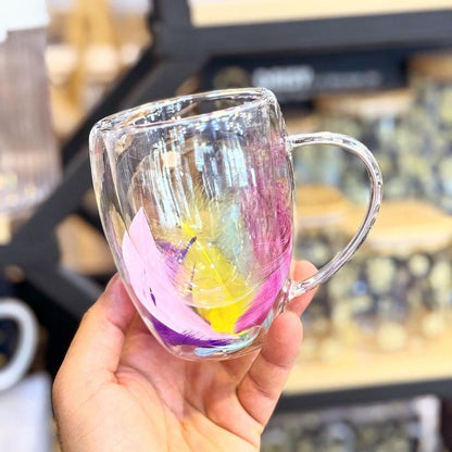 3 Tasses en Verre à Double Paroi avec Motif Plumes – Couleur Mix