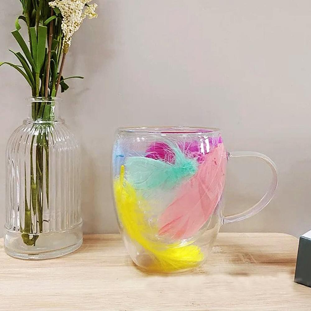 3 Tasses en Verre à Double Paroi avec Motif Plumes – Couleur Mix