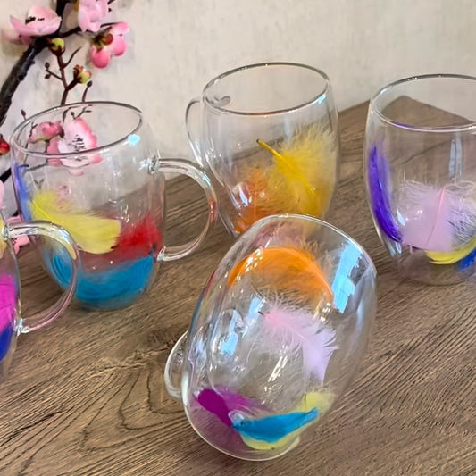 3 Tasses en Verre à Double Paroi avec Motif Plumes – Couleur Mix