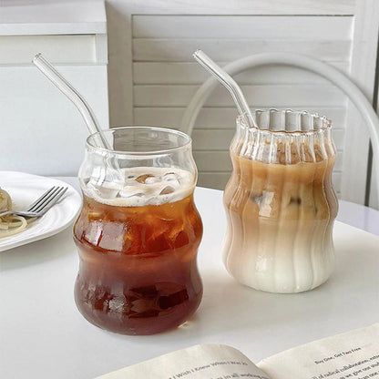 3 Tasse en Verre Ondulée de 500 ml avec Couvercle et Paille en Bambou