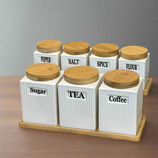 Ensemble de Pots de Rangement en Céramique avec Couvercles en Bambou