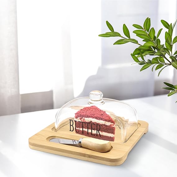 Beurrier avec couvercle en verre et plateau en bambou