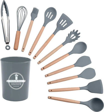 Ensemble d’Ustensiles de Cuisine en Silicone et Bois – 12 Pièces – Noir