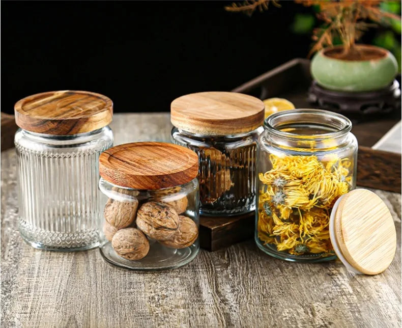 3 Bocaux Hermétiques en Verre Borosilicaté avec Couvercle en Bois