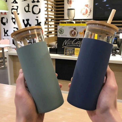 2 Gobelet en Verre Borosilicate avec Manchon en Silicone et Couvercle en Bambou - 500 ml