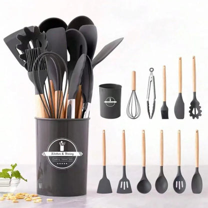 Ensemble d’Ustensiles de Cuisine en Silicone et Bois – 12 Pièces – Noir