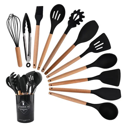 Ensemble d’Ustensiles de Cuisine en Silicone et Bois – 12 Pièces – Noir