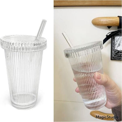 4 Verre Transparent avec Couvercle et Paille