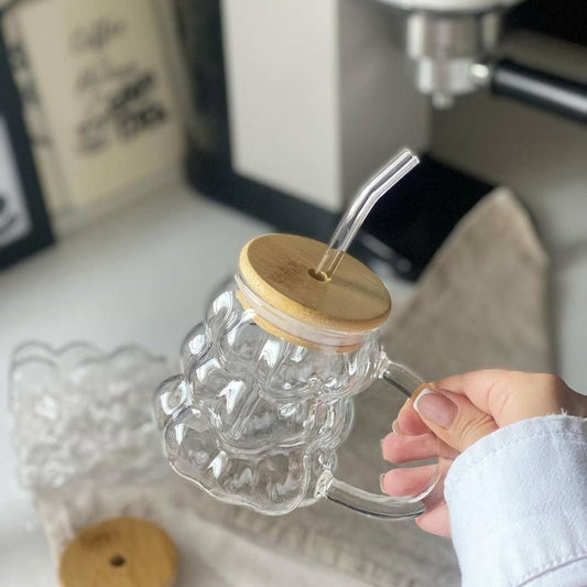 Verre avec Couvercle en Bambou et Paille en Verre, 350 ml