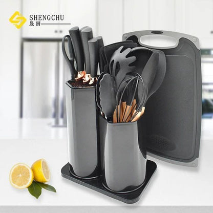 Set Complet de Cuisine en Silicone et Bambou - 18 Ustensiles, Couteaux, Spatules, Planche à Découper et Support