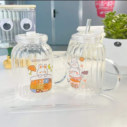 Tasse en Verre Mignonne avec Couvercle et Motif de Paille – Verre Transparent