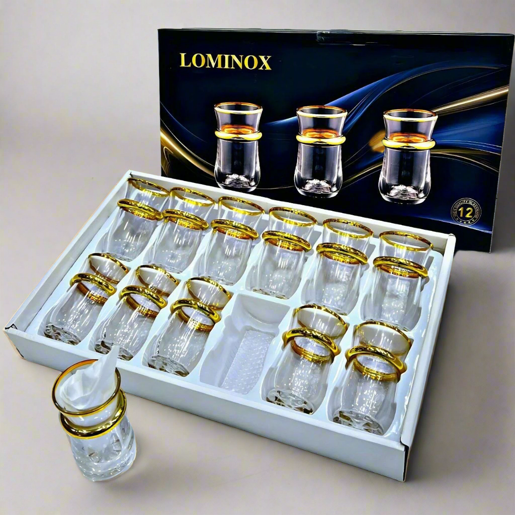 Set de 12 Verres à Thé en Verre avec Bordures Dorées