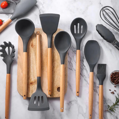 Ensemble d’Ustensiles de Cuisine en Silicone et Bois – 12 Pièces – Gris