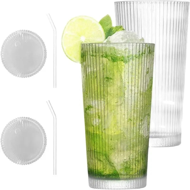 4 Verre Transparent avec Couvercle et Paille