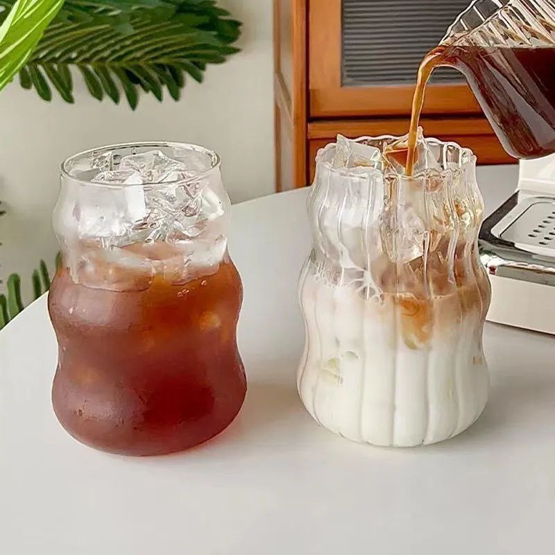 3 Tasse en Verre Ondulée de 500 ml avec Couvercle et Paille en Bambou