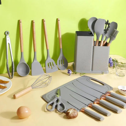 Ensemble d'Ustensiles de Cuisine en Silicone avec Manche en Bois-18 piece