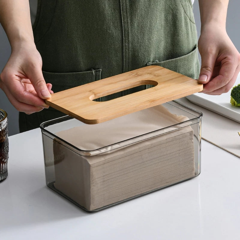 Boîte à mouchoirs transparente avec couvercle en bois parfait